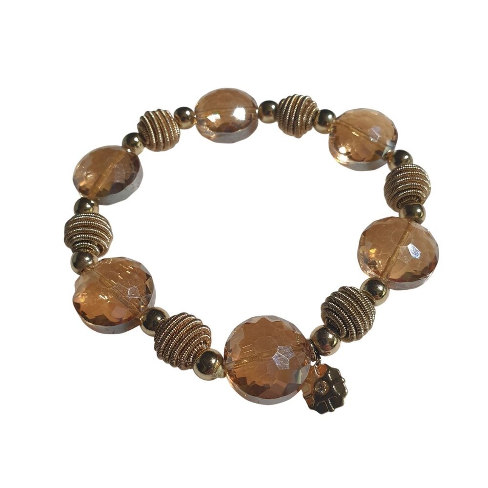 Faceted Gold Tone Beaded Stretch Bracelet Clear Round Beads Lightweight Jewelry